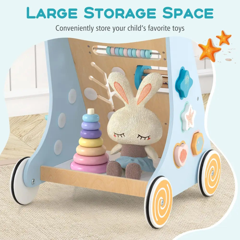 Wooden Baby Walker Push and Pull Learning Activity Center with Wheels-Blue - Blue - Baby Activity