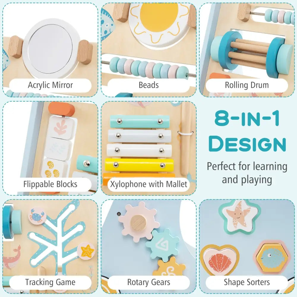Wooden Baby Walker Push and Pull Learning Activity Center with Wheels-Blue - Blue - Baby Activity