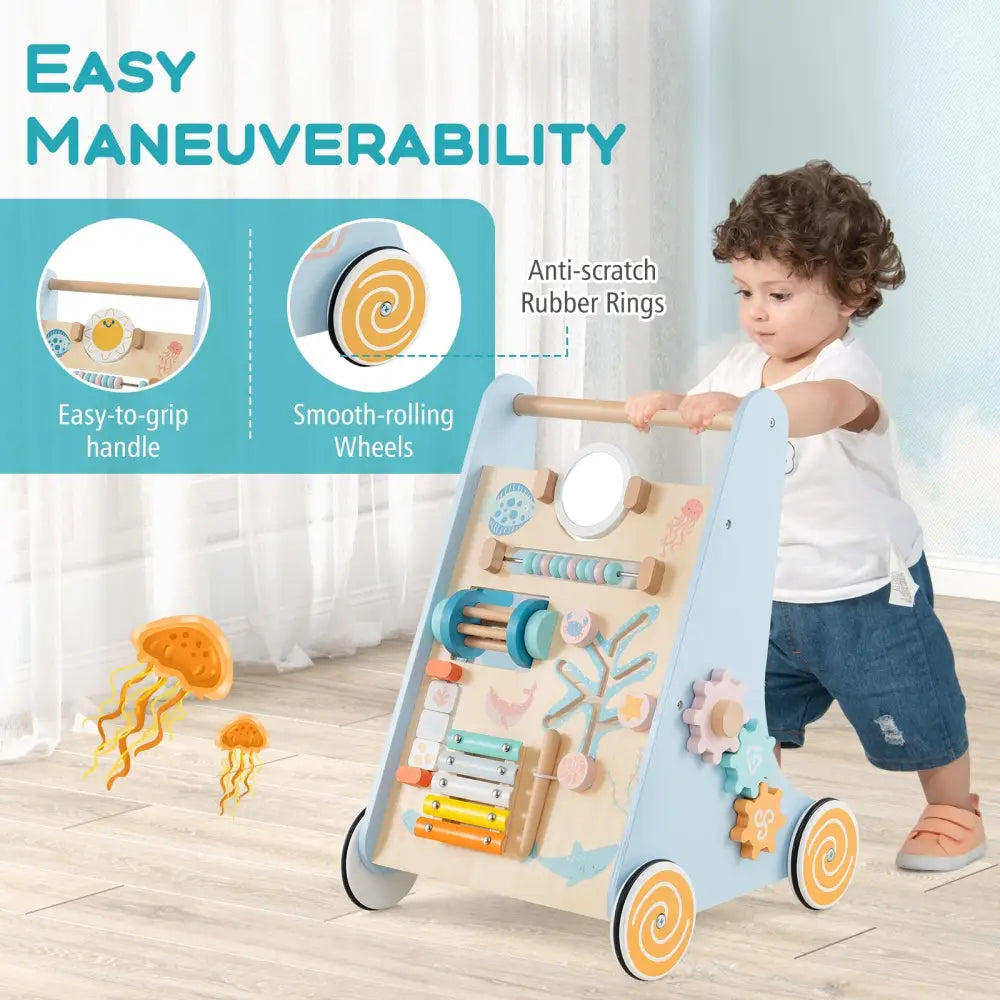Wooden Baby Walker Push and Pull Learning Activity Center with Wheels-Blue - Blue - Baby Activity