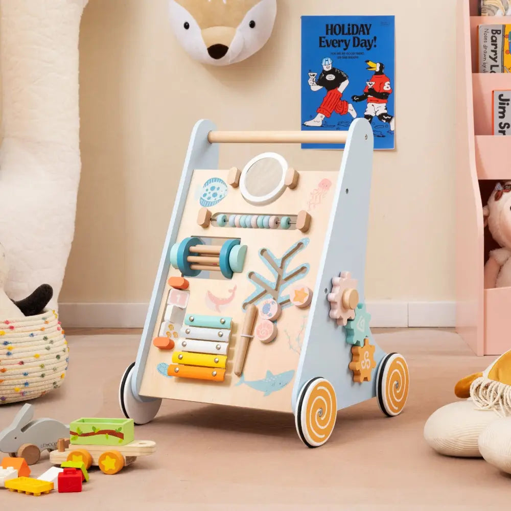 Wooden Baby Walker Push and Pull Learning Activity Center with Wheels-Blue - Blue - Baby Activity