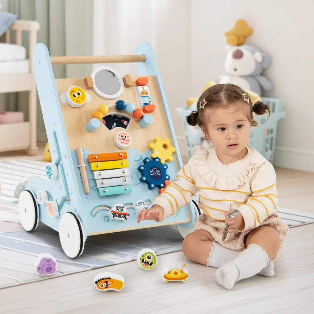 Wooden Baby Walker Push and Pull Learning Activity Center with Wheels for Toddlers 1+ Years Old-Green - Green - Baby