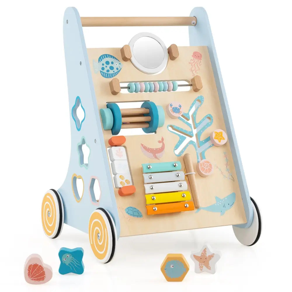 Wooden Baby Walker Push and Pull Learning Activity Center with Wheels-Blue - Blue - Baby Activity