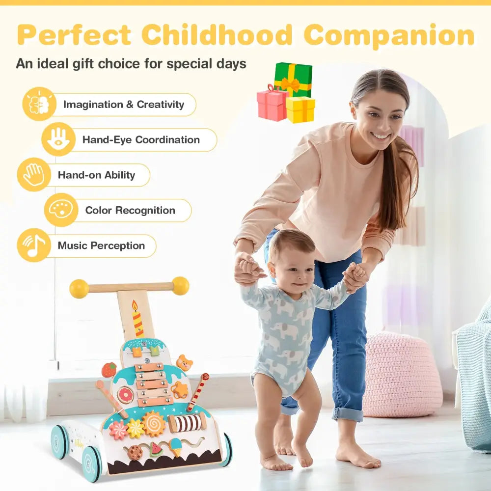 Wooden Baby Walker with Adjustable Heights and Smooth Wheels-White - White - Baby Walkers