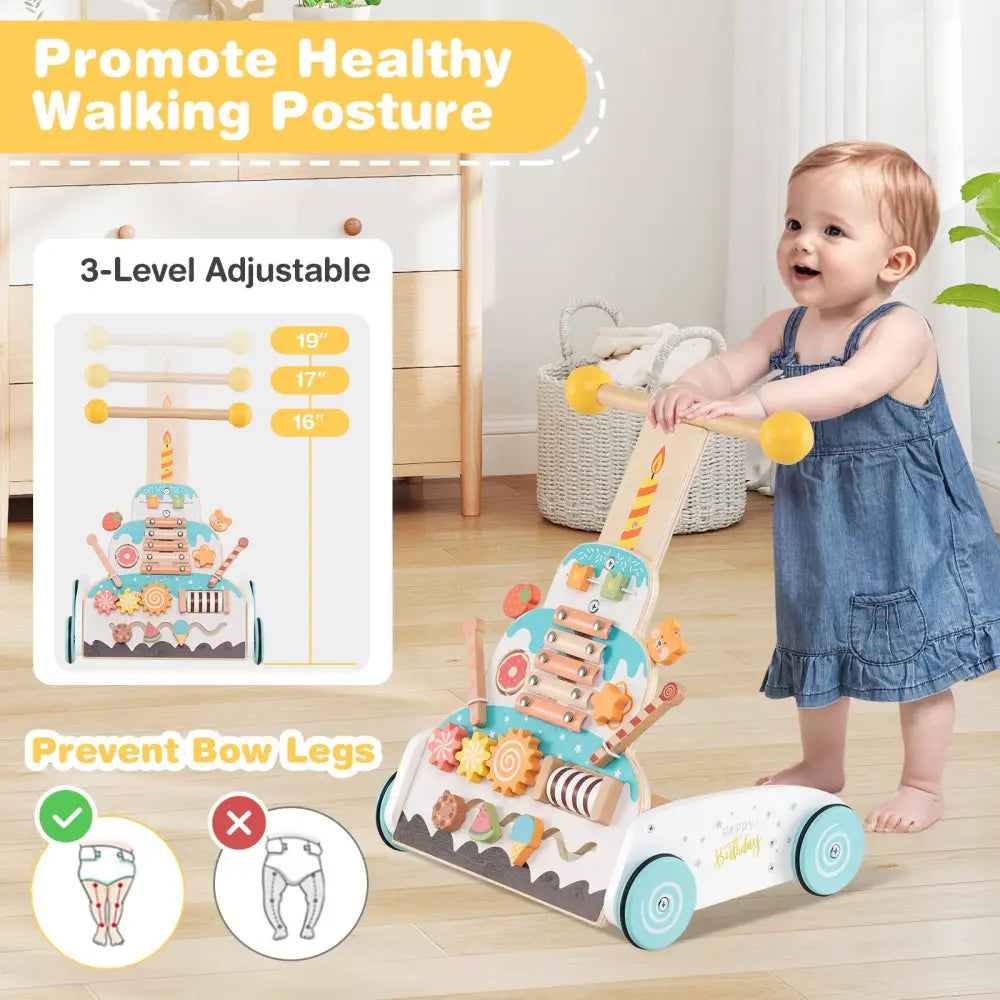 Wooden Baby Walker with Adjustable Heights and Smooth Wheels-White - White - Baby Walkers