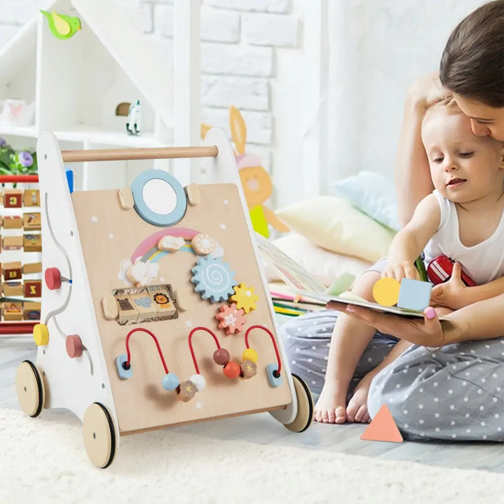 Wooden Baby Walker with Multiple Activities Center for Over 1 Year Old-White - White - Baby Walkers