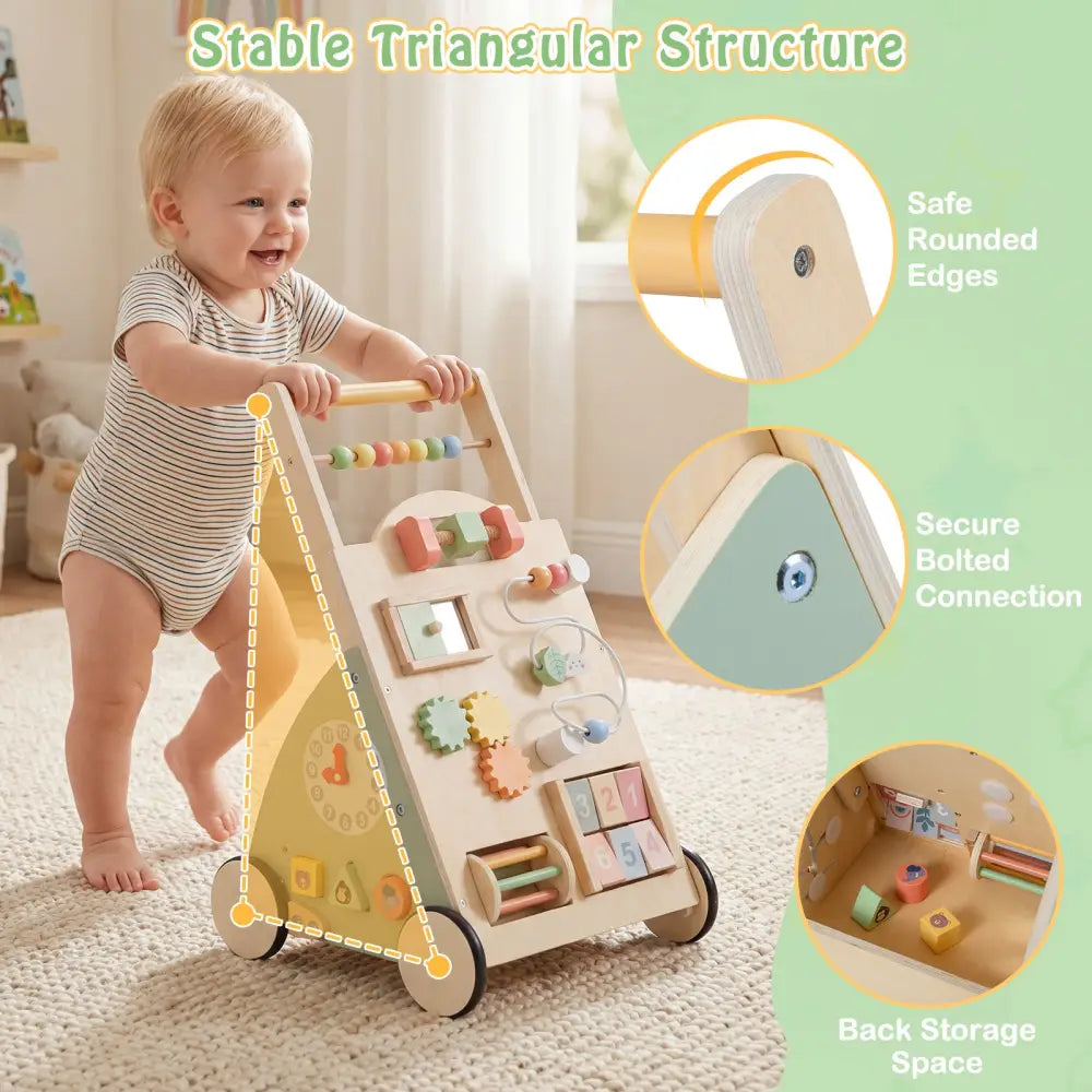 Wooden Baby Walker with Wheels and Storage Basket - Green - Baby Activity