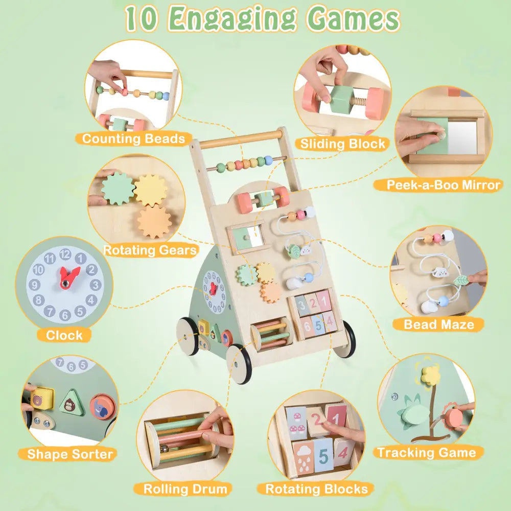 Wooden Baby Walker with Wheels and Storage Basket - Green - Baby Activity