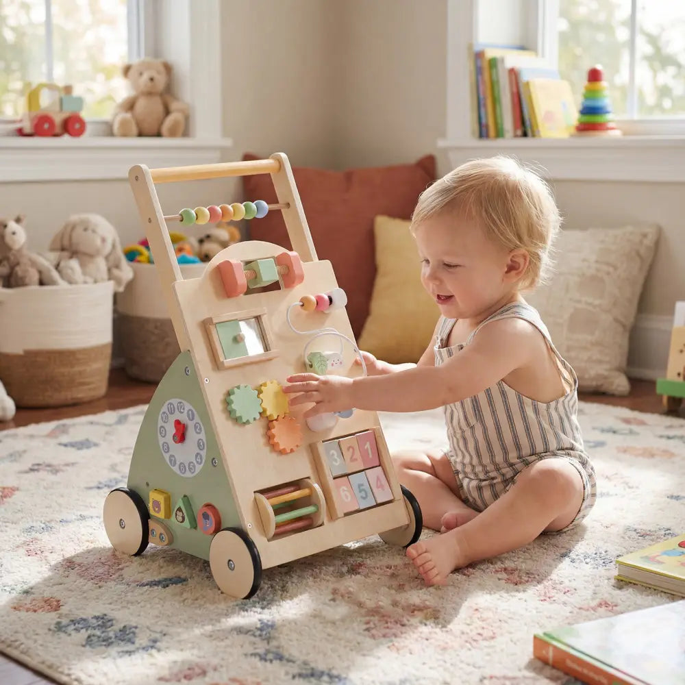 Wooden Baby Walker with Wheels and Storage Basket - Green - Baby Activity