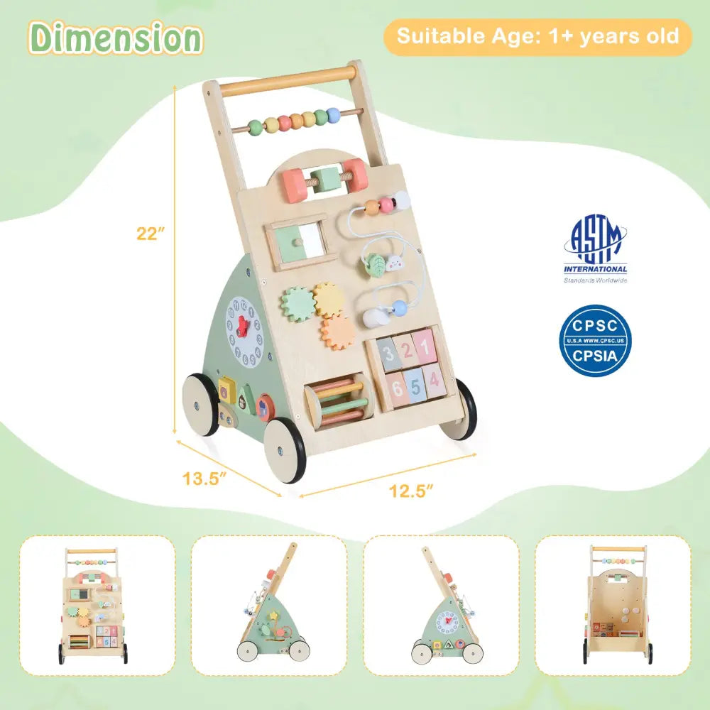 Wooden Baby Walker with Wheels and Storage Basket - Green - Baby Activity