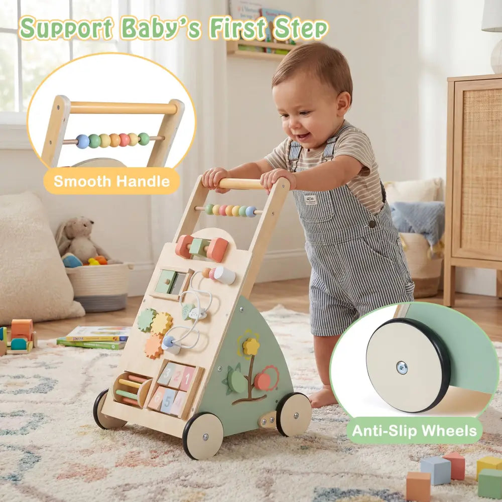 Wooden Baby Walker with Wheels and Storage Basket - Green - Baby Activity