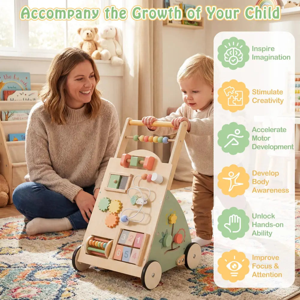 Wooden Baby Walker with Wheels and Storage Basket - Green - Baby Activity