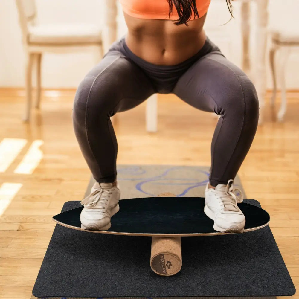 Wooden Balance Board Trainer Wobble Roller for Exercise Sports Training-Black - Black - Yoga Accessories