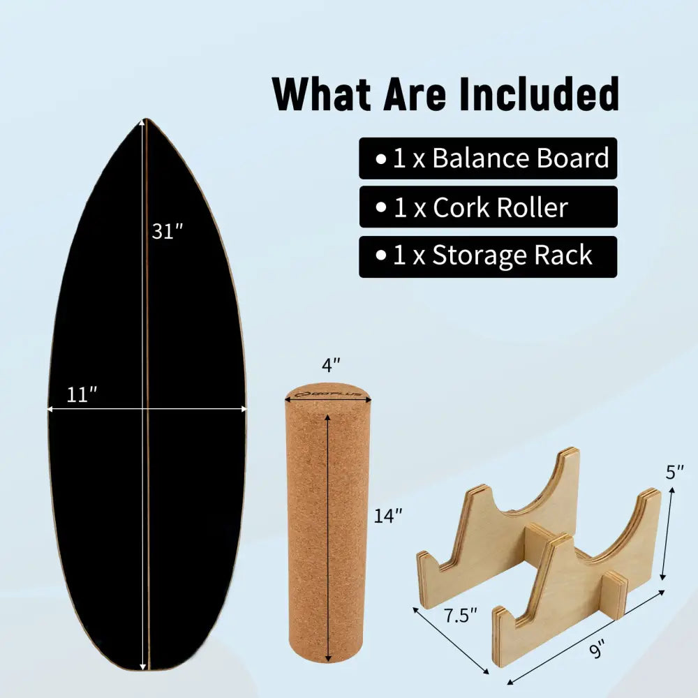 Wooden Balancing Board with Cork Roller and Storage Rack to Exercise-Black - Black - Sport Equipments