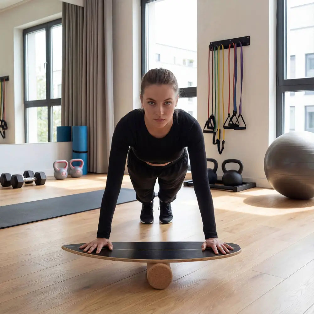 Wooden Balancing Board with Cork Roller and Storage Rack to Exercise-Black - Black - Sport Equipments