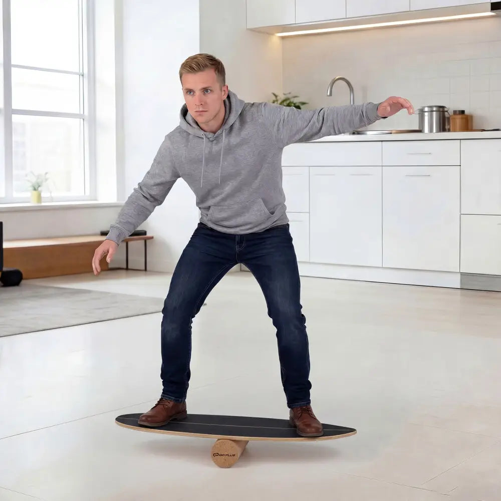 Wooden Balancing Board with Cork Roller and Storage Rack to Exercise-Black - Black - Sport Equipments
