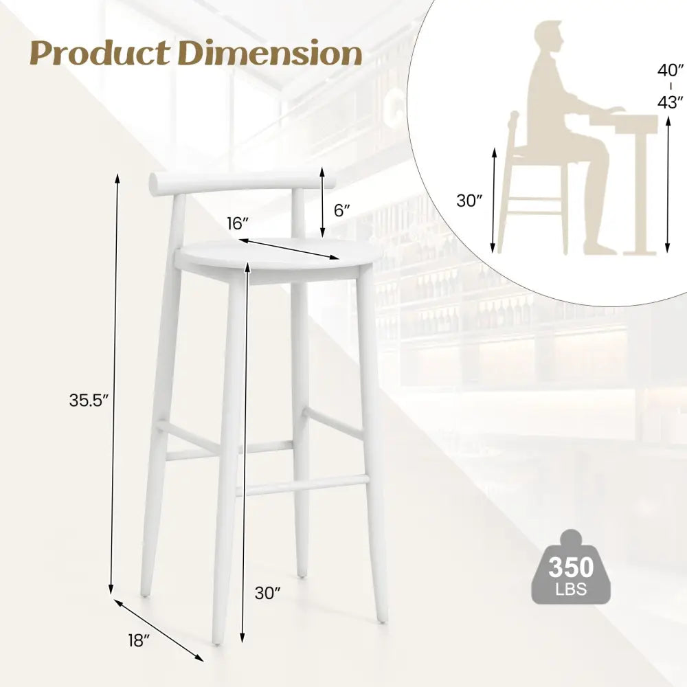 Wooden Bar Chair Set of 2 with Backrest and Footrest for Home Restaurant Cafe-White - White - Bar Stools