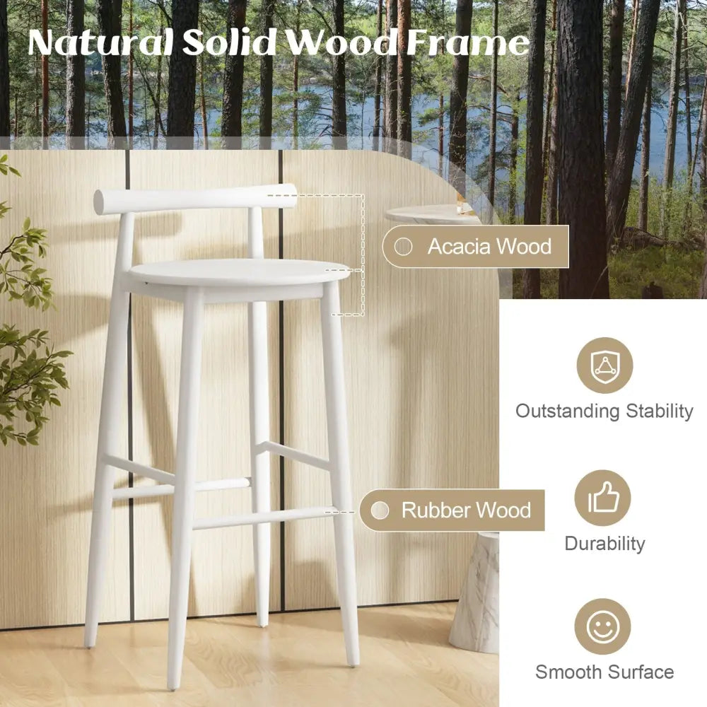 Wooden Bar Chair Set of 2 with Backrest and Footrest for Home Restaurant Cafe-White - White - Bar Stools