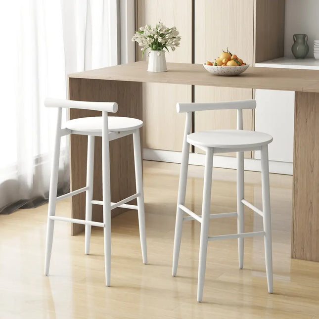 Wooden Bar Chair Set of 2 with Backrest and Footrest for Home Restaurant Cafe-White - White - Bar Stools