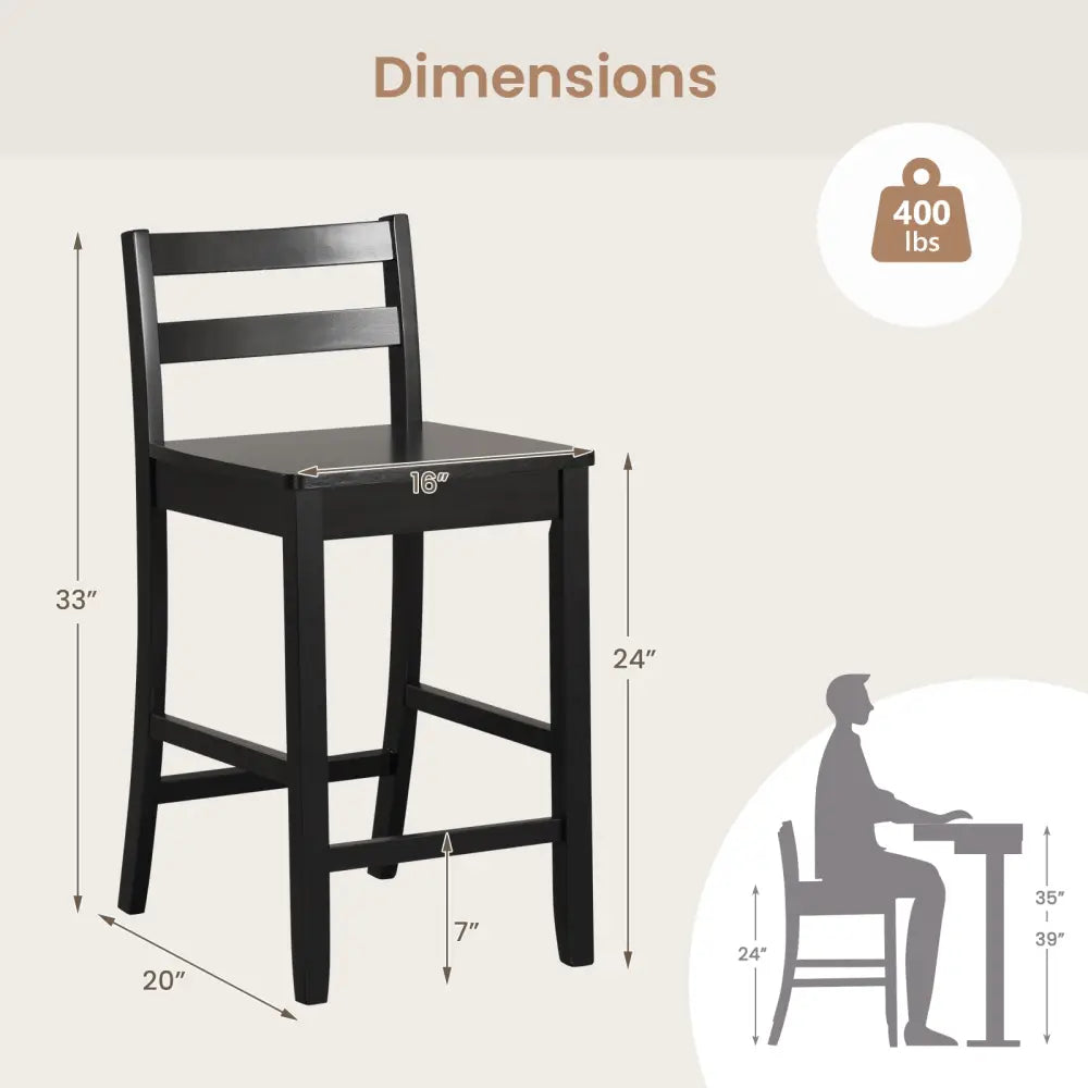 Wooden Bar Stools Set of 2 with Ergonomic Backrest and Footrest-Black - Black - Bar Stools