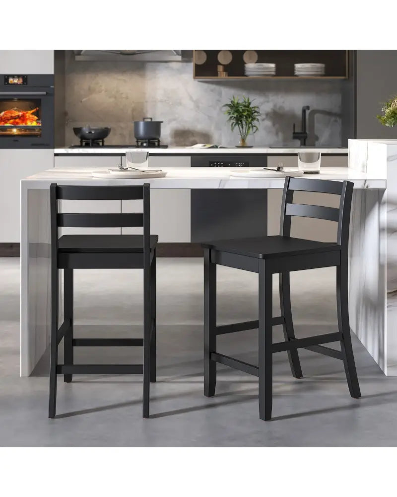 Wooden Bar Stools Set of 2 with Ergonomic Backrest and Footrest-Black - Black - Bar Stools