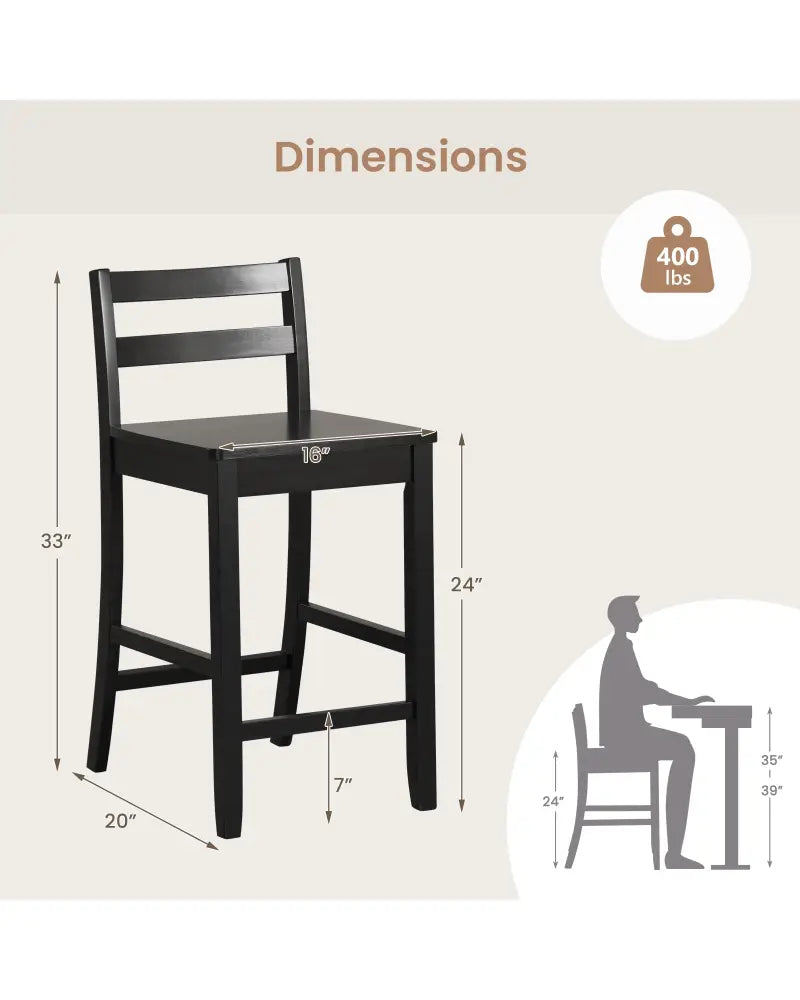Wooden Bar Stools Set of 2 with Ergonomic Backrest and Footrest-Black - Black - Bar Stools