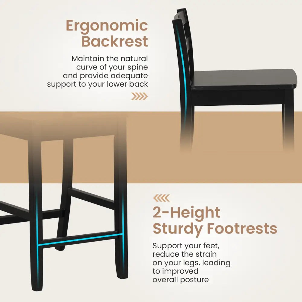 Wooden Bar Stools Set of 2 with Ergonomic Backrest and Footrest-Black - Black - Bar Stools