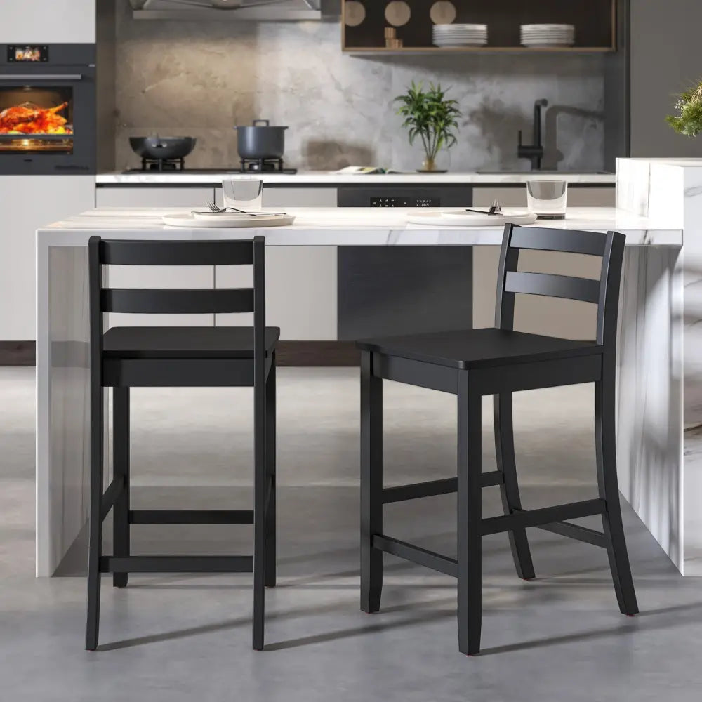 Wooden Bar Stools Set of 2 with Ergonomic Backrest and Footrest-Black - Black - Bar Stools