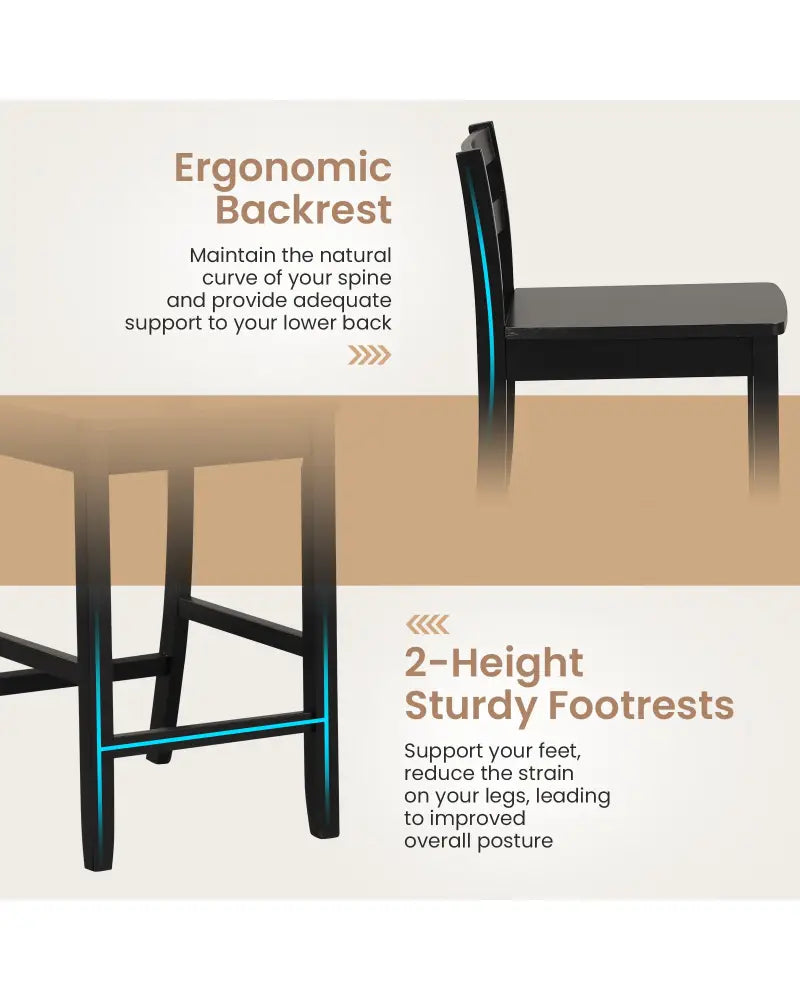 Wooden Bar Stools Set of 2 with Ergonomic Backrest and Footrest-Black - Black - Bar Stools