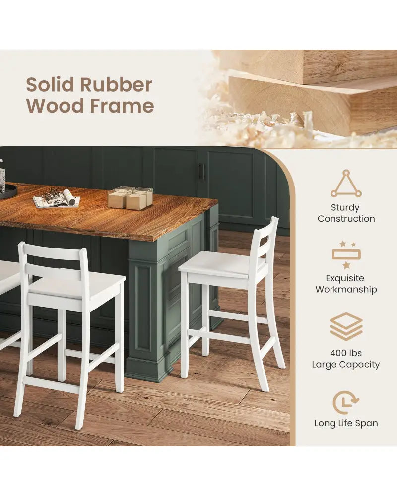Wooden Bar Stools Set of 2 with Ergonomic Backrest and Footrest-White - White - Bar Stools