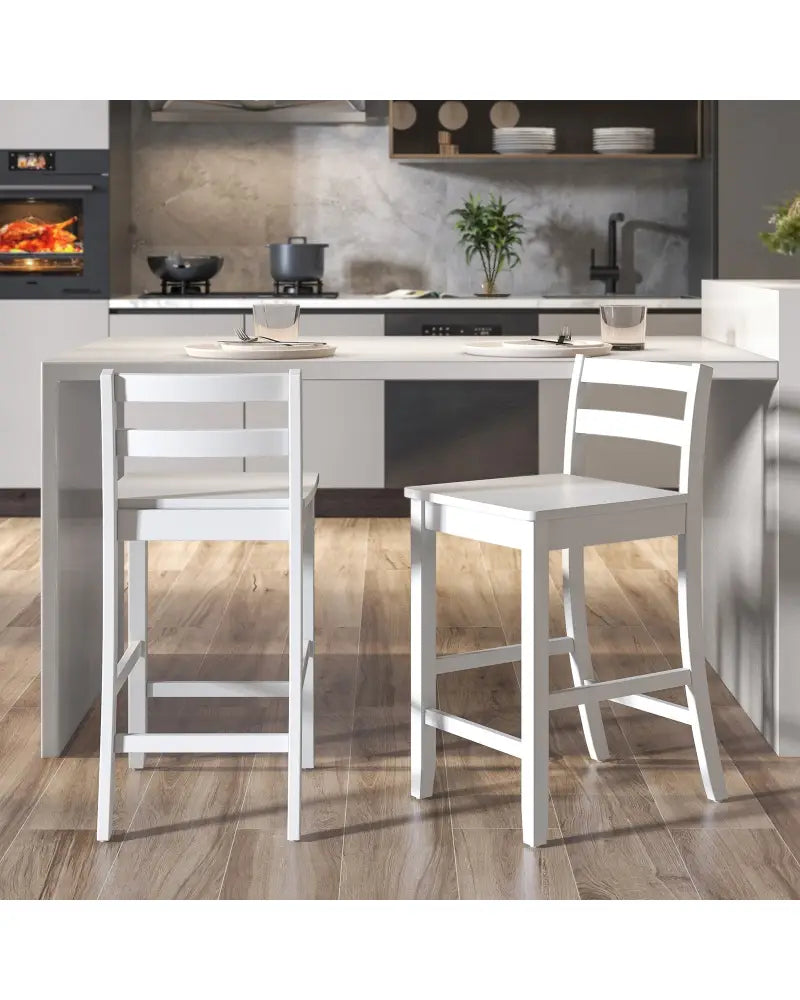Wooden Bar Stools Set of 2 with Ergonomic Backrest and Footrest-White - White - Bar Stools