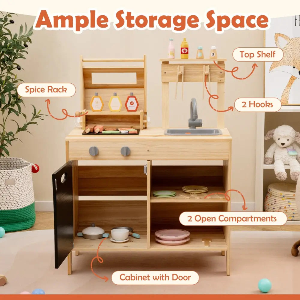 Wooden Barbecue Grill Playset with Chalkboard and Sink and Cabinet-Natural - Natural - Play Kitchen Sets