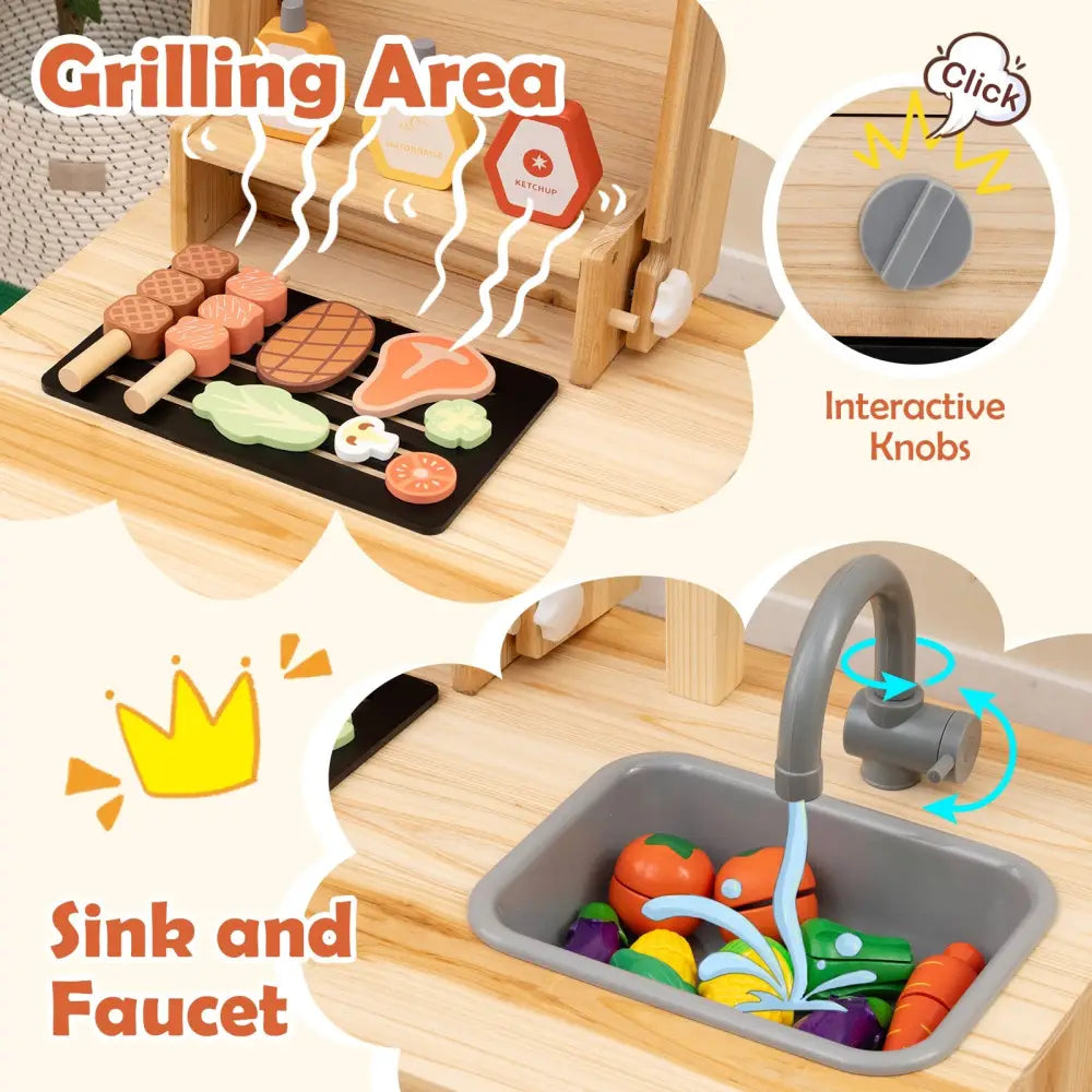 Wooden Barbecue Grill Playset with Chalkboard and Sink and Cabinet-Natural - Natural - Play Kitchen Sets