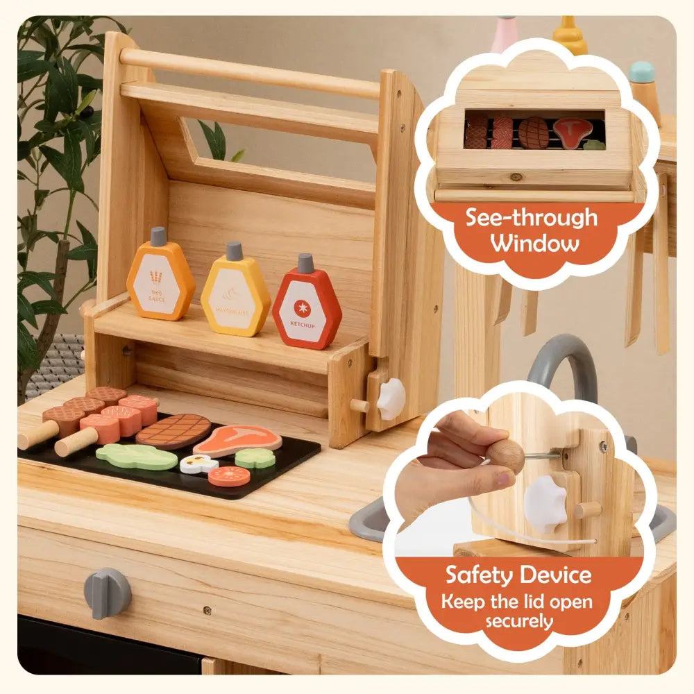 Wooden Barbecue Grill Playset with Chalkboard and Sink and Cabinet-Natural - Natural - Play Kitchen Sets