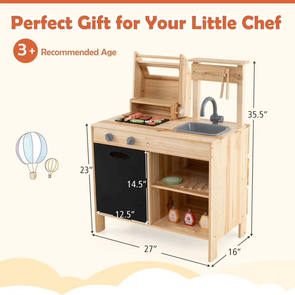 Wooden Barbecue Grill Playset with Chalkboard and Sink and Cabinet-Natural - Natural - Play Kitchen Sets