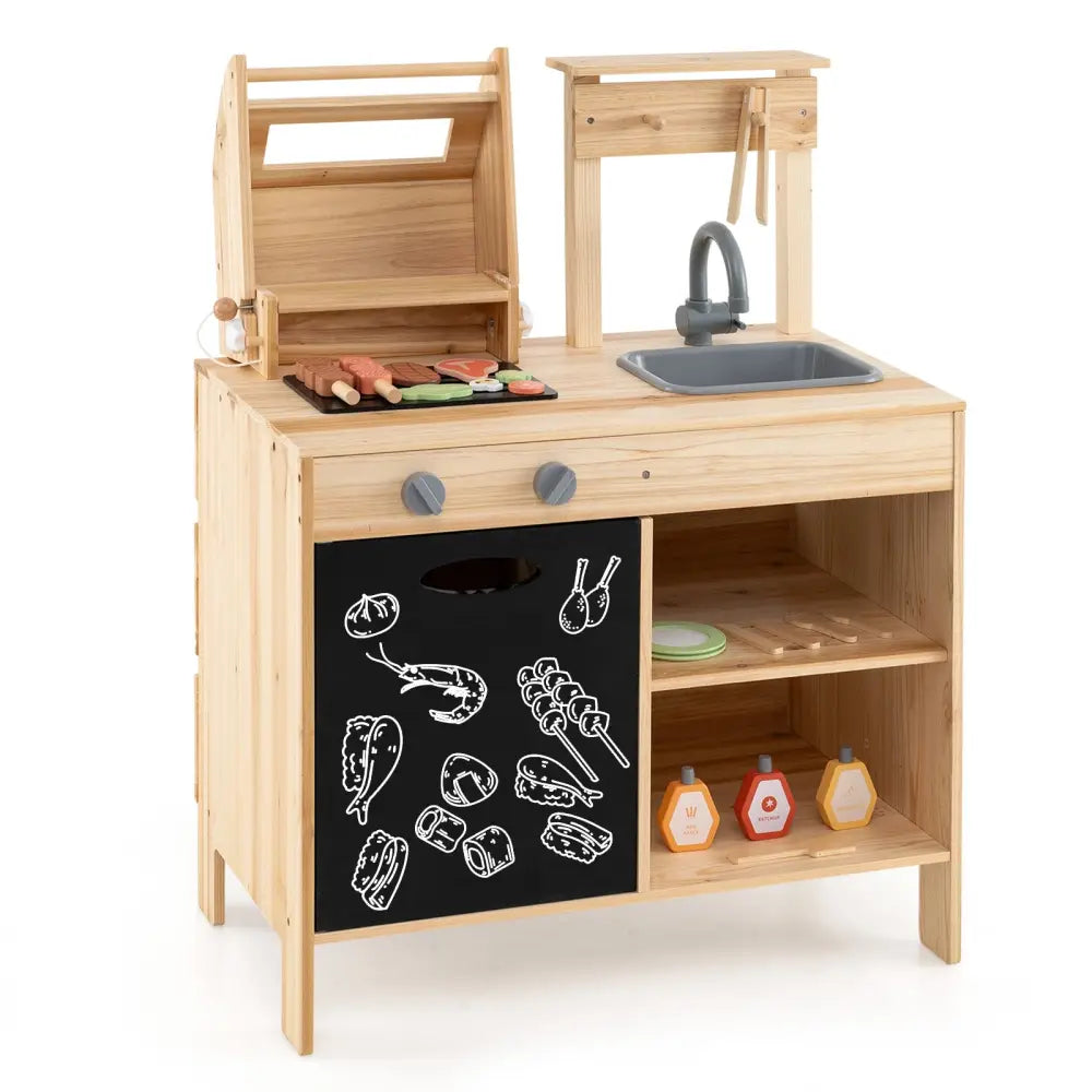Wooden Barbecue Grill Playset with Chalkboard and Sink and Cabinet-Natural - Natural - Play Kitchen Sets