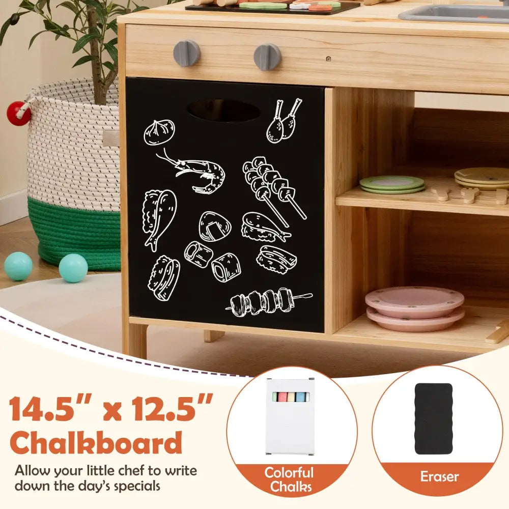 Wooden Barbecue Grill Playset with Chalkboard and Sink and Cabinet-Natural - Natural - Play Kitchen Sets