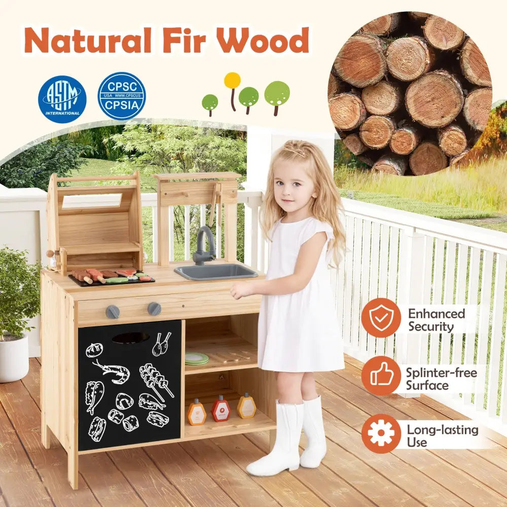 Wooden Barbecue Grill Playset with Chalkboard and Sink and Cabinet-Natural - Natural - Play Kitchen Sets