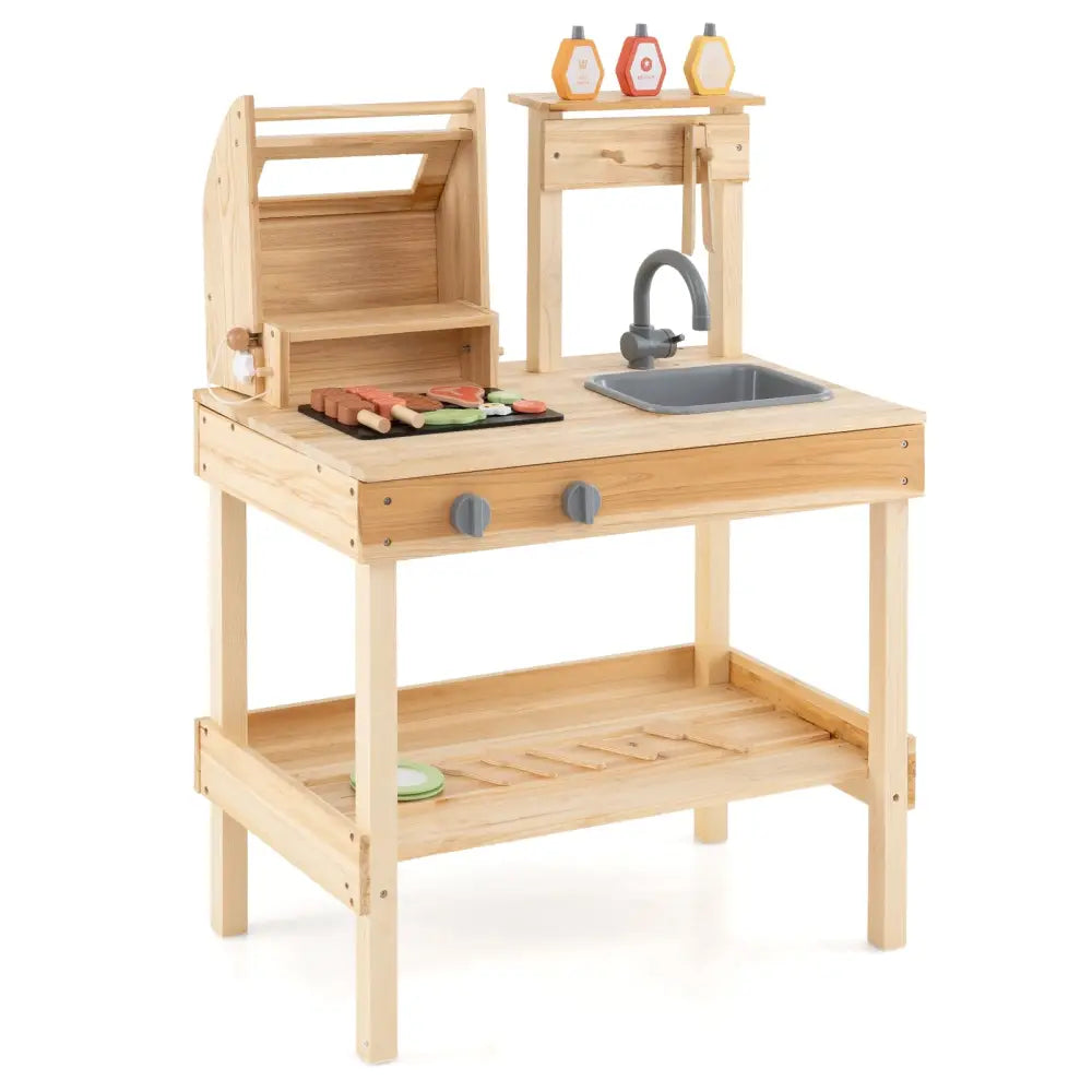 Wooden Barbecue Grill Playset with Play Food and Open Shelves-Natural - Natural - Play Kitchen Sets