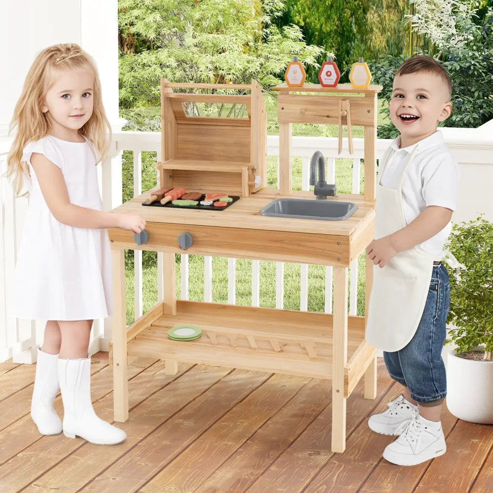 Wooden Barbecue Grill Playset with Play Food and Open Shelves-Natural - Natural - Play Kitchen Sets