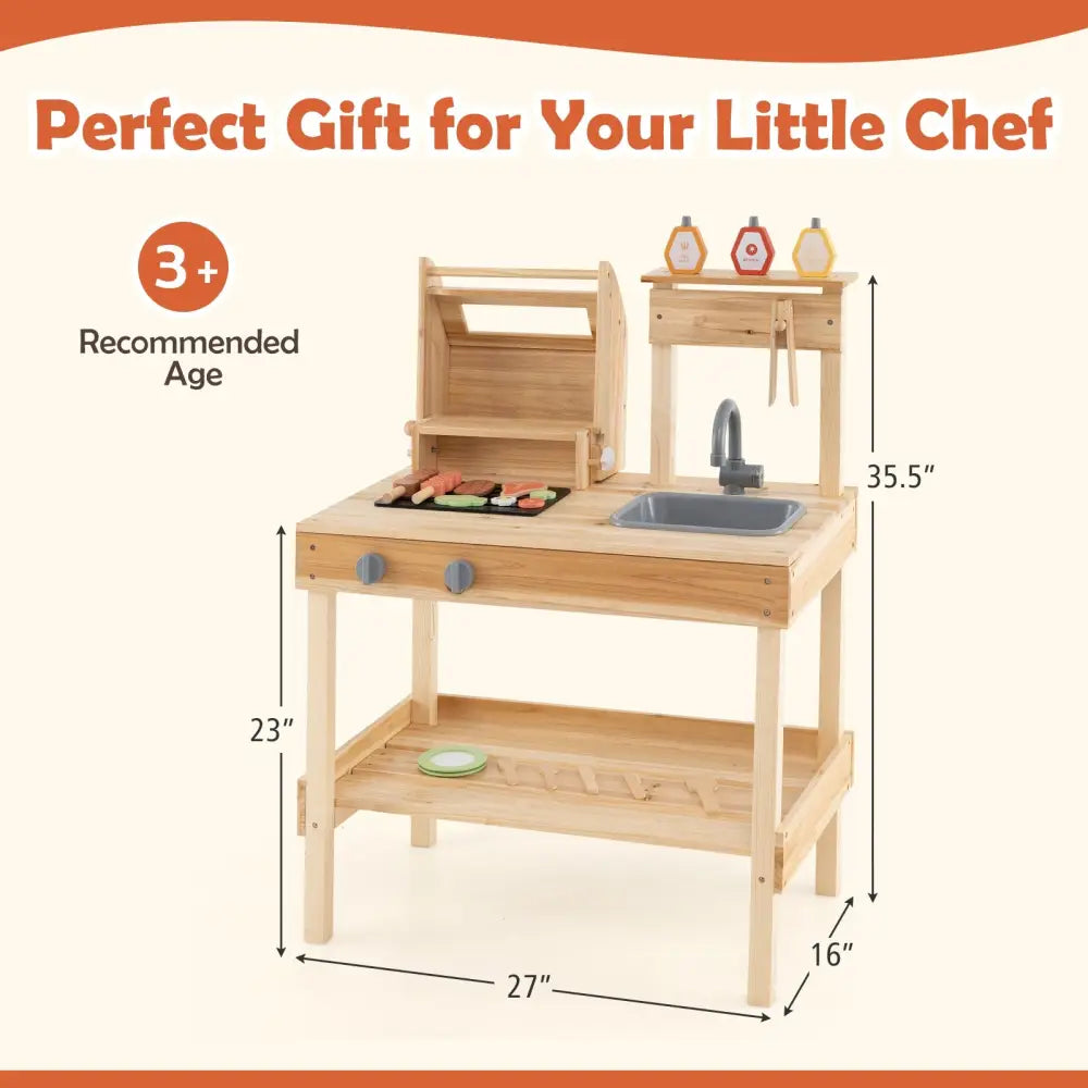 Wooden Barbecue Grill Playset with Play Food and Open Shelves-Natural - Natural - Play Kitchen Sets