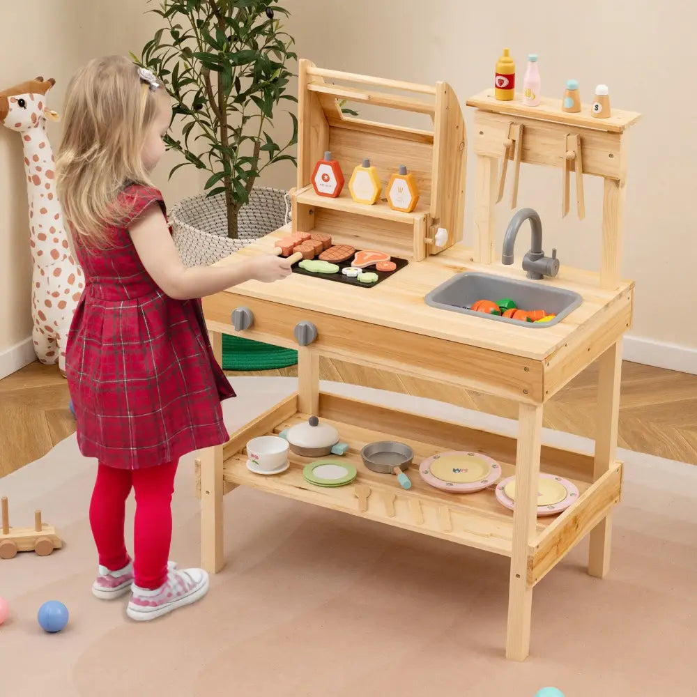 Wooden Barbecue Grill Playset with Play Food and Open Shelves-Natural - Natural - Play Kitchen Sets