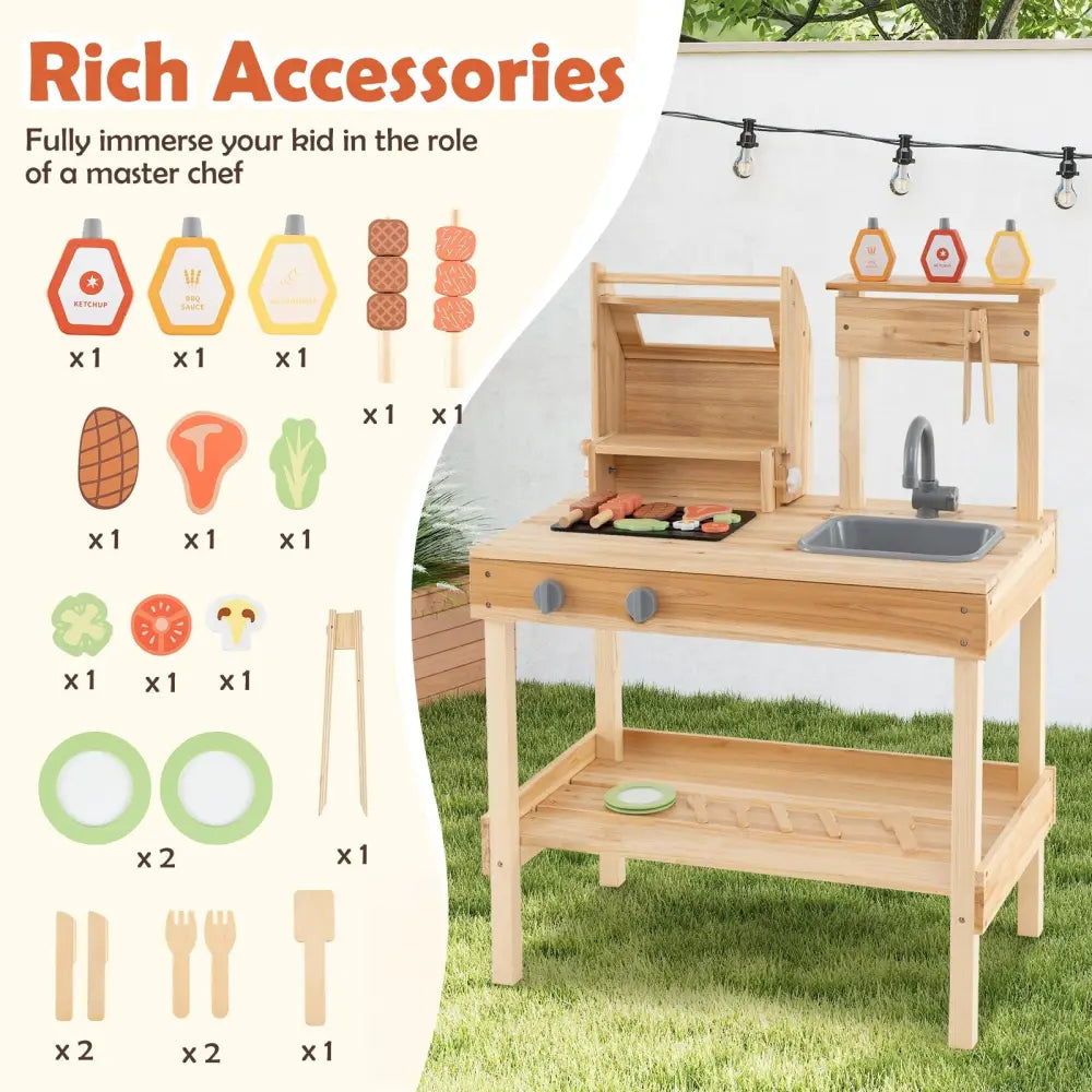 Wooden Barbecue Grill Playset with Play Food and Open Shelves-Natural - Natural - Play Kitchen Sets