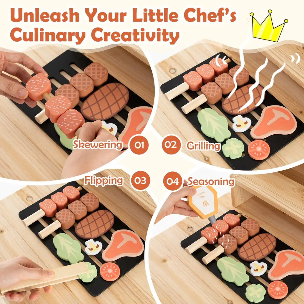 Wooden Barbecue Grill Playset with Play Food and Open Shelves-Natural - Natural - Play Kitchen Sets