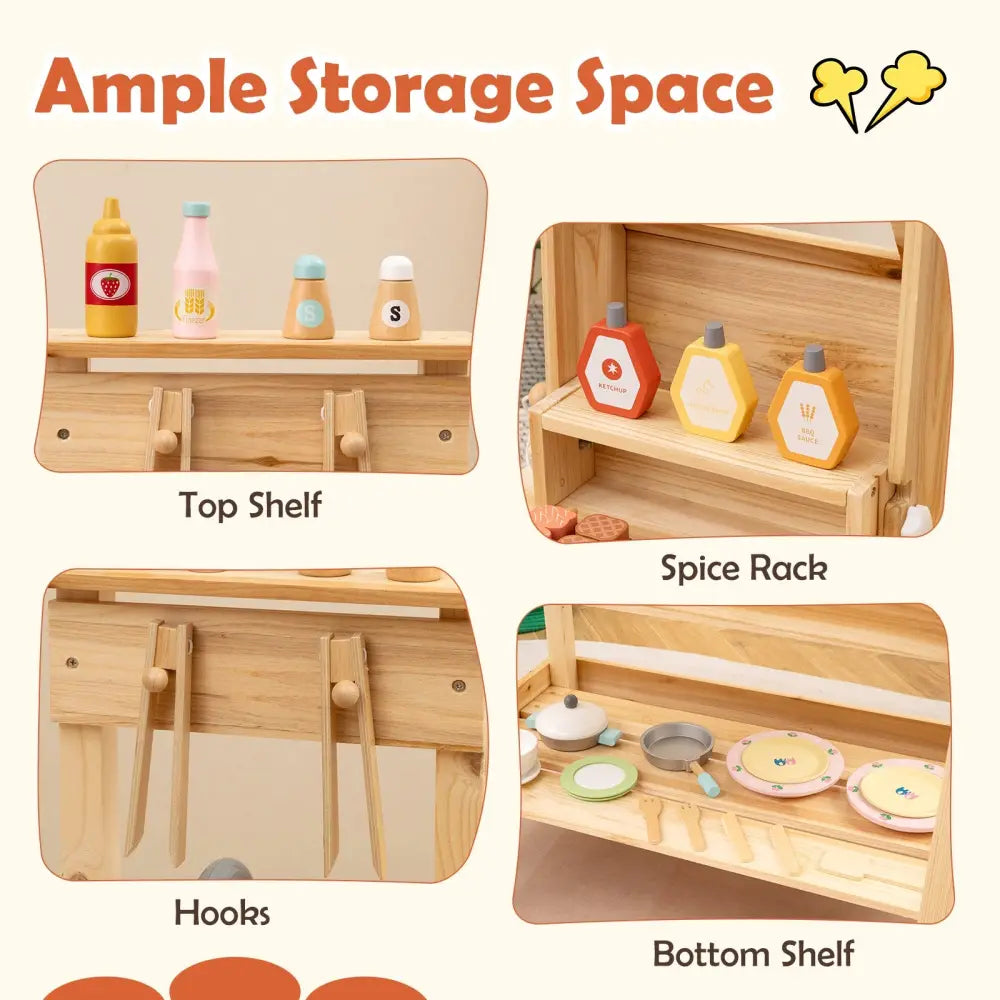 Wooden Barbecue Grill Playset with Play Food and Open Shelves-Natural - Natural - Play Kitchen Sets
