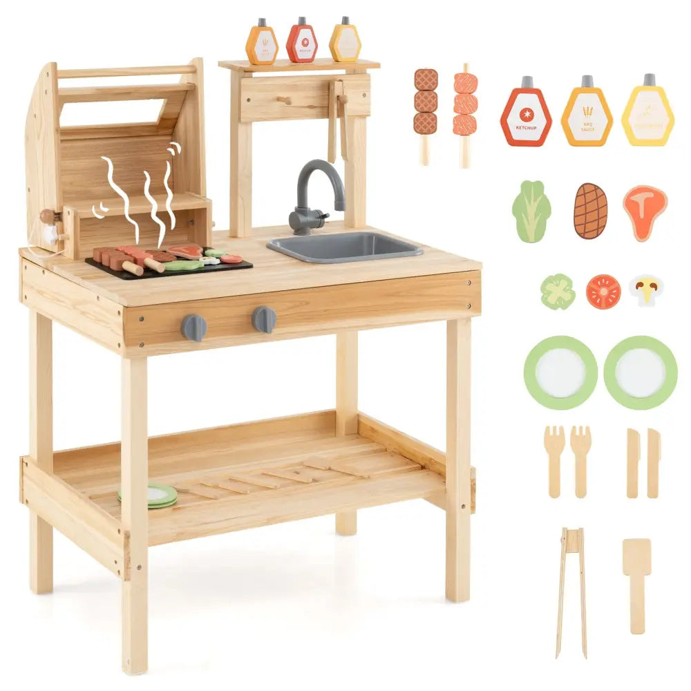 Wooden Barbecue Grill Playset with Play Food and Open Shelves-Natural - Natural - Play Kitchen Sets