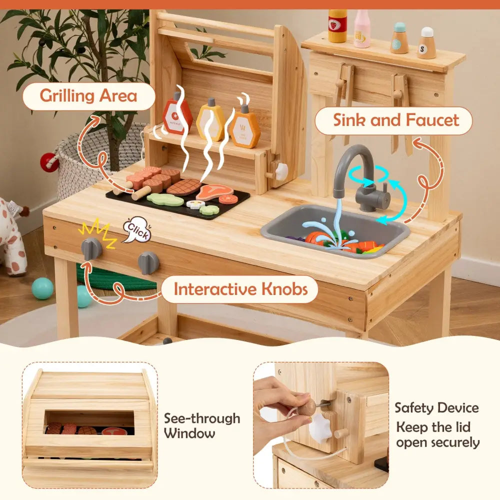 Wooden Barbecue Grill Playset with Play Food and Open Shelves-Natural - Natural - Play Kitchen Sets
