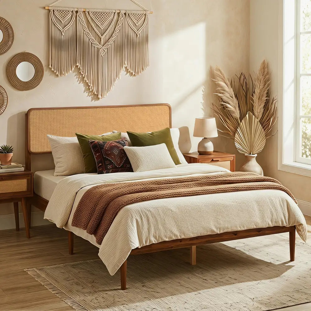 Wooden Boho Rattan Brown Bed Frame with Wooden Slat Support-Full - Simple Bed Frame
