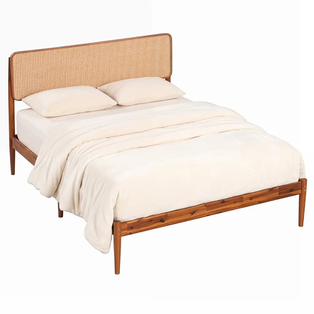 Wooden Boho Rattan Brown Bed Frame with Wooden Slat Support-Full - Simple Bed Frame