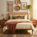 Wooden Boho Rattan Brown Bed Frame with Wooden Slat Support-Full - Simple Bed Frame