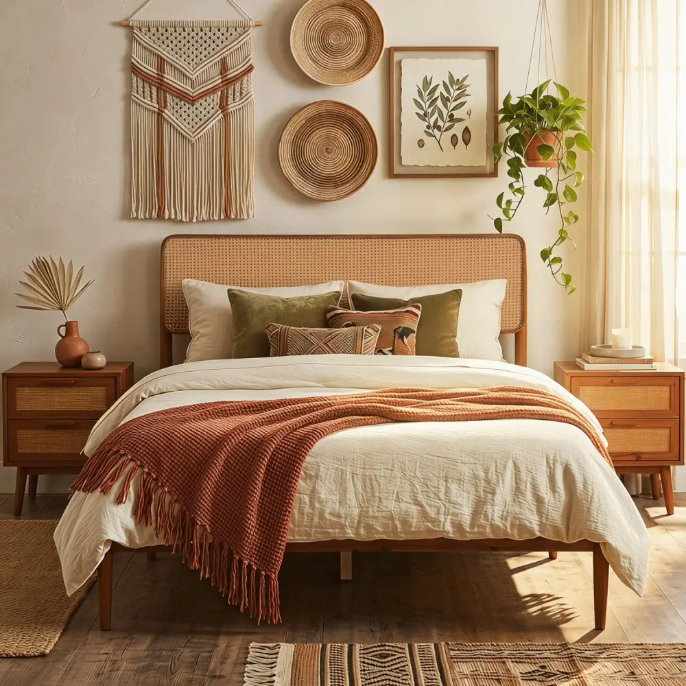 Wooden Boho Rattan Brown Bed Frame with Wooden Slat Support-Full - Simple Bed Frame